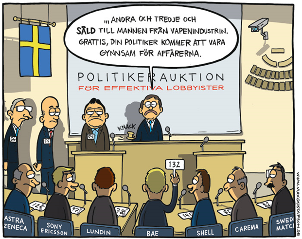 Politisk satir om lobbyism. Av Max Gustafson, serietecknare.